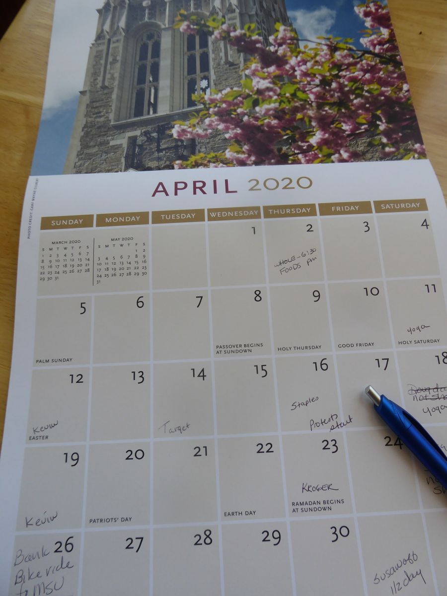 calendar page April 2020 with notes jotted 