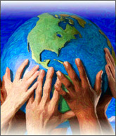 diverse hands on globe