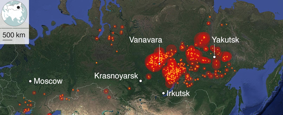 NASA map of Russia showing fire clusters south of Moscow and in Siberia