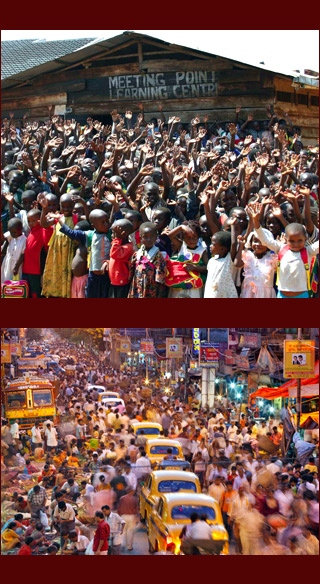 dense crowd outside community center in Africa; crowded steet in India