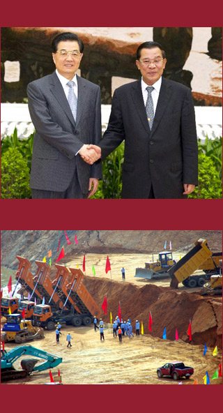 : Chinese President Hu Jintao meets host Cambodian Prime Minister Hun Sen and photo of construction site of Chinese Stung Tatai Hydropower Dam project