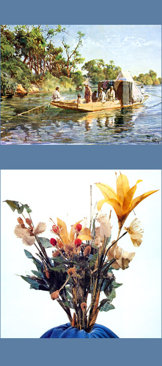 painting of a small vessel on river in Asia; photograph of Asian-style flower arrangement