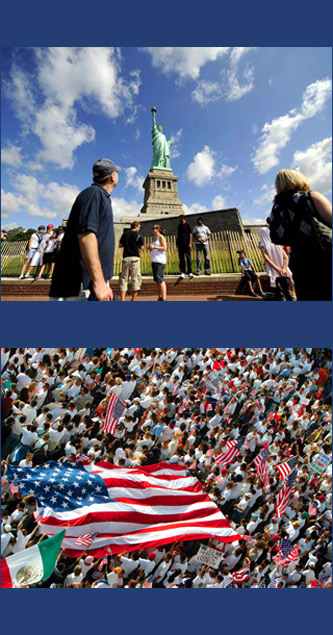 tourists look up at the Statue of Liberty in NY; large crowd of Latinos rally for US immigration reform