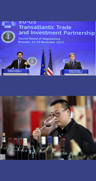 Ignacio Garcia Bercero and Dan Mullaney at TTIP session; man in China tasting wine; 