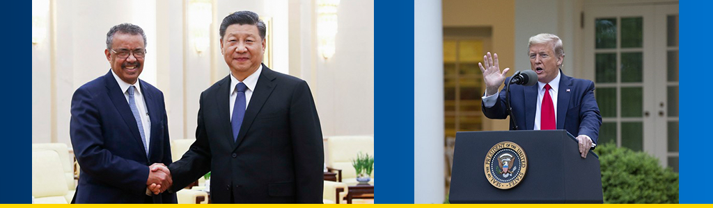 WHO secretary-general shakes hands with Chinese president; separate photo of Donald Trump at podium giving health briefing, with hand raised