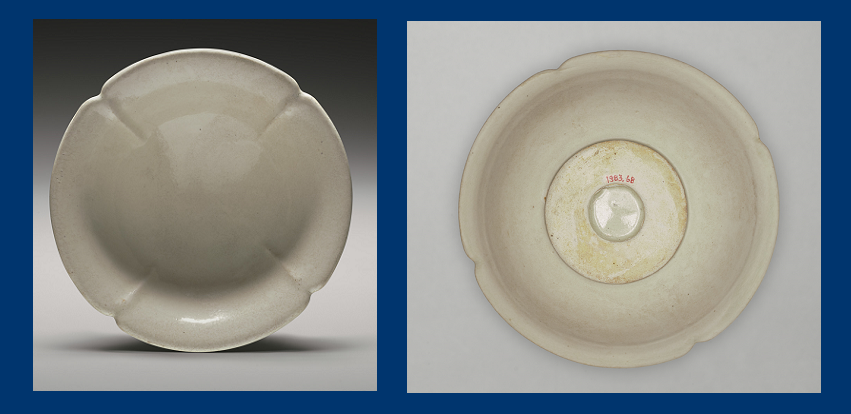 Fine white glazed lobed dish from China, 9th century, front and back with some writing