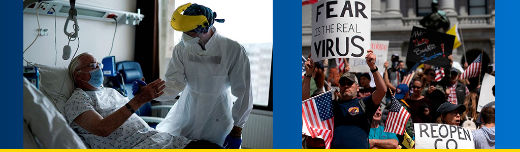 Caregiver assists patient in Belgium; protesters in Colorado hold flags and signs stating Fear is the real virus and the Cure is worse than Covid-19