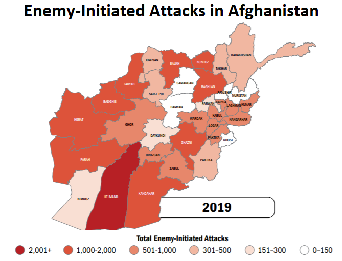 map of Afghanistan showing areas worse for attacks