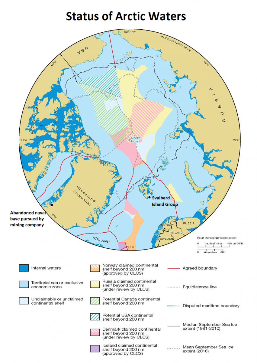 Map showing claims by Norway, Russia, Canada, the US, Denmark and Iceland with the Commission on the Limits of the Continental Shelf for Arctic waters beyond 200 nautical miles from shore; an old naval base in Greenland; and Svalbard Islands 