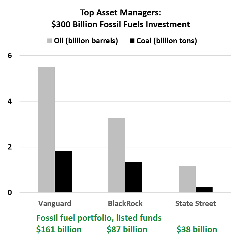 Fossil Fuel Reserves Under Management 			 	Oil (billion barrels)	Coal (billion tons)	Fossil fuel portfolio, listed funds Vanguard	5.51	1.81	$161  BlackRock	3.27	1.35	$87  State Street	1.18	0.23	$38 