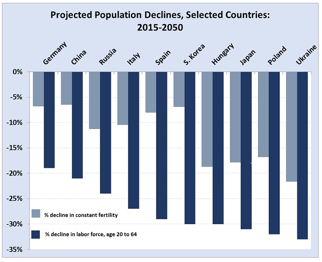 Graph showing ongoing percent delcine in fertility and a decline in labor force participation