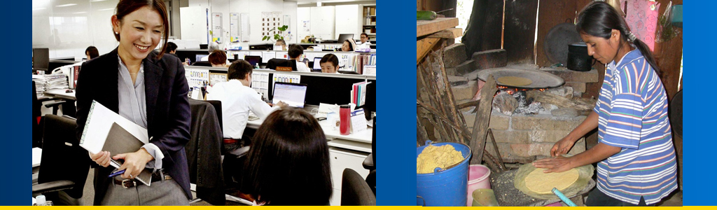 two women converse in office; woman in Ecuador makes flatbread