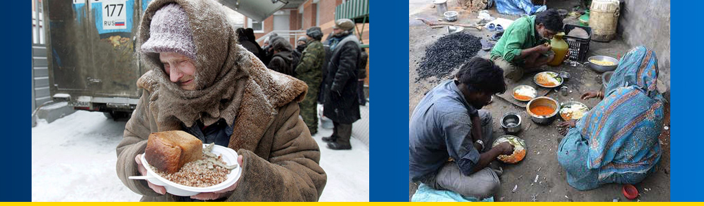 images of person clutching bread in Russia and India's poor