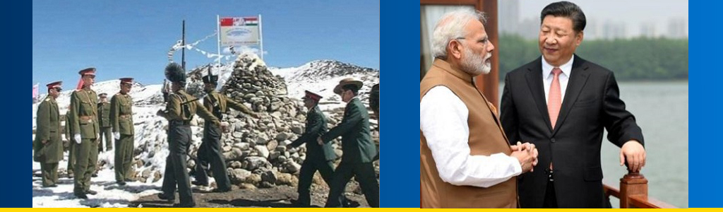 Chinese and Indian troops at standoff at India's border with Bhutan in summer 2017; India's Prime Minister Modi and Chinese President Xi meet