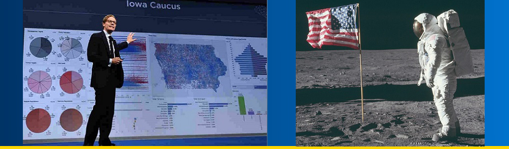 Alexander Nix, former CEO of Cambridge Analytica, explains how advertisers can influence the Iowa caucus; US atronaut walks on moon near US flag 