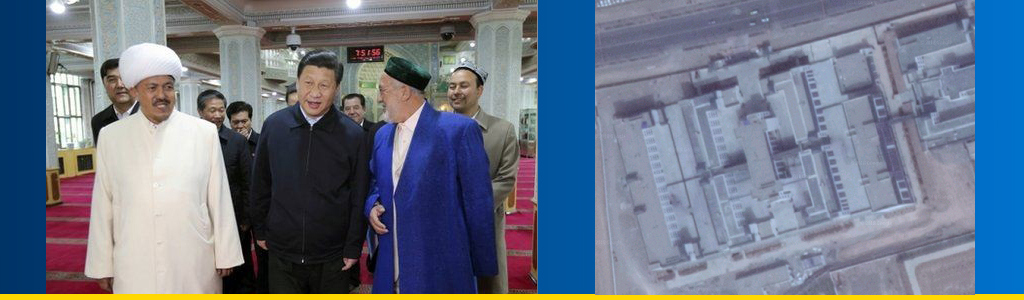 China's president Xi Jinping meets with Uyghur officials in 2014 and a satellite image of suspected internment camp
