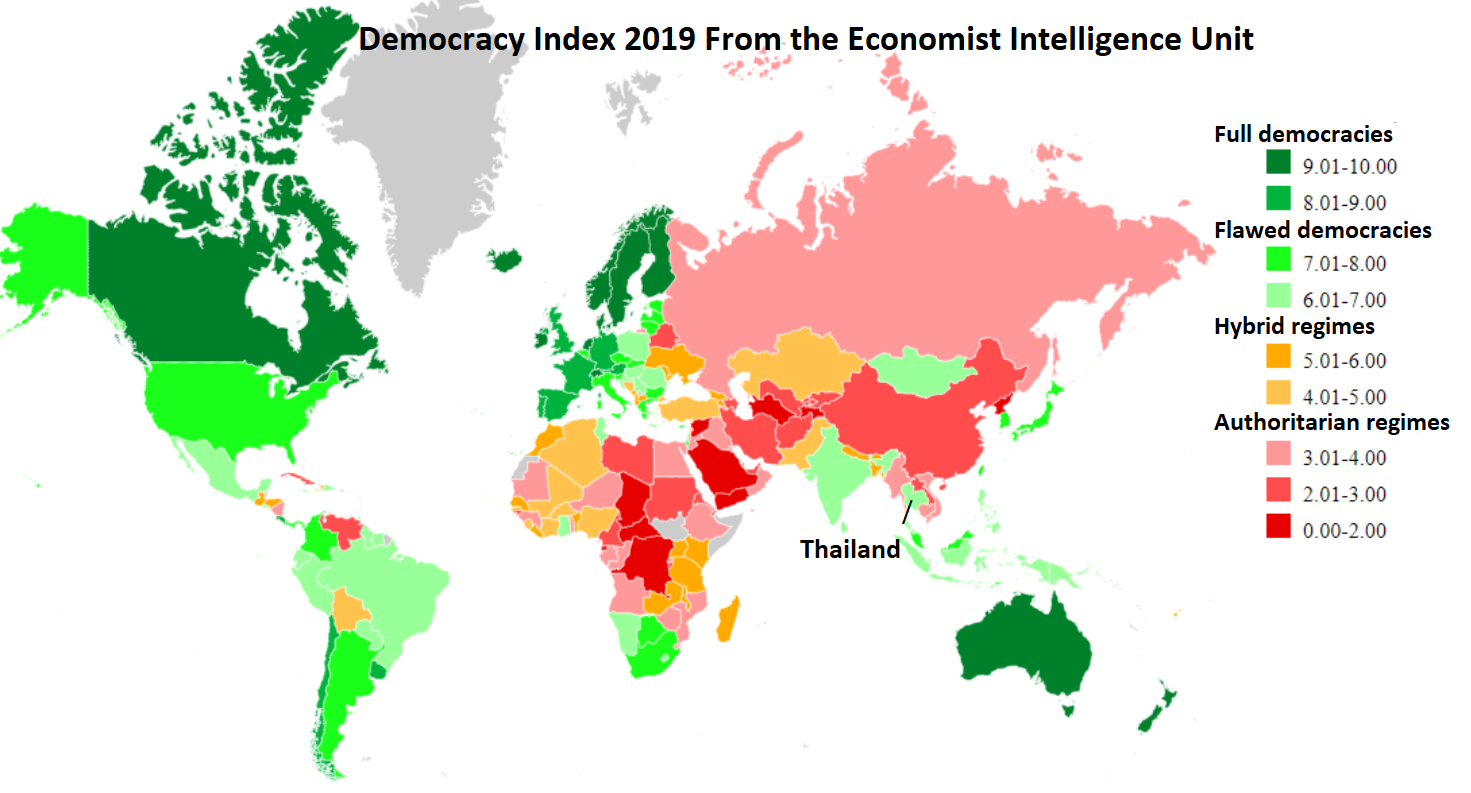 World map showing Thailand as flawed democracy 