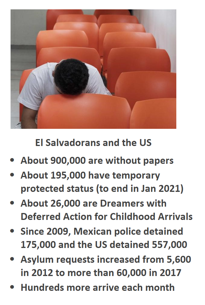            El Salvadorans in the US •	About 900,000 are without papers  •	About 195,000 have temporary protected status (set to end in Jan 2021) •	About 26,000 are Dreamers with Deferred Action for Childhood Arrivals  •	Since 2009, Mexican police detained 175,000 and the US detained 557,000 •	Asylum request increased from 5,600 in 2012 to over 60,000 in 2017 •	Hundreds more arrive each month