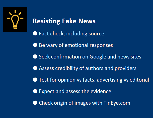 tips to resist fake news: fact-check, assess evidence, confirm on Google and other news sites, use TinEye.com