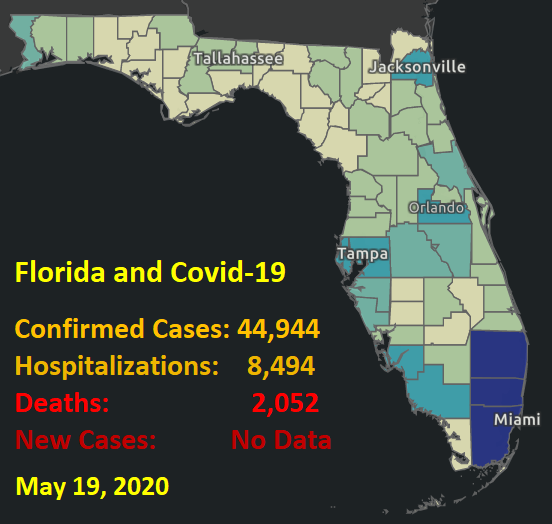 Florida and Covid-19 Confirmed Cases, showing most cases in Miami, Tampa, Jacksonville, Orlando and Fort Myers areas: 44,944 Hospitalizations: 8,494 Deaths:	2,052 New Cases: 	No Data