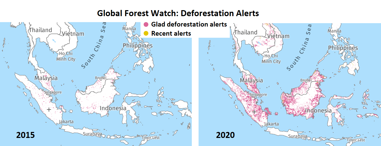maps of Indonesia and Malaysia, showing increase in alerts about deforestation between 2015 and 2020