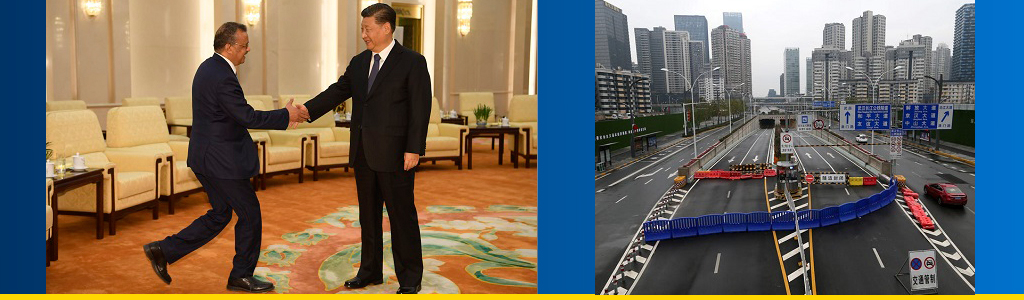  Director-General of WHO Tedros Adhanom Ghebreyesus and Chinese President Xi Jinping shake hands; empty Wuhan city street