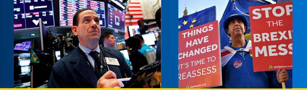 New York Stock Exchange trader stares at board; Brexit protester