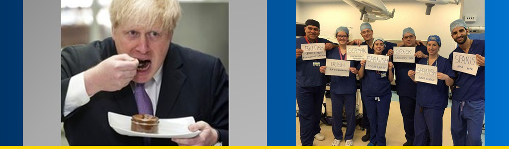 British Foreign Secretary Boris Johnson eats cake, and doctors and nurses hold up signs on their status 