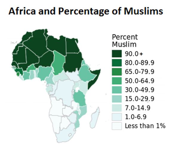 map showing percentage of Muslim populationsin Africa (Source: Pew Research Center, 2014)