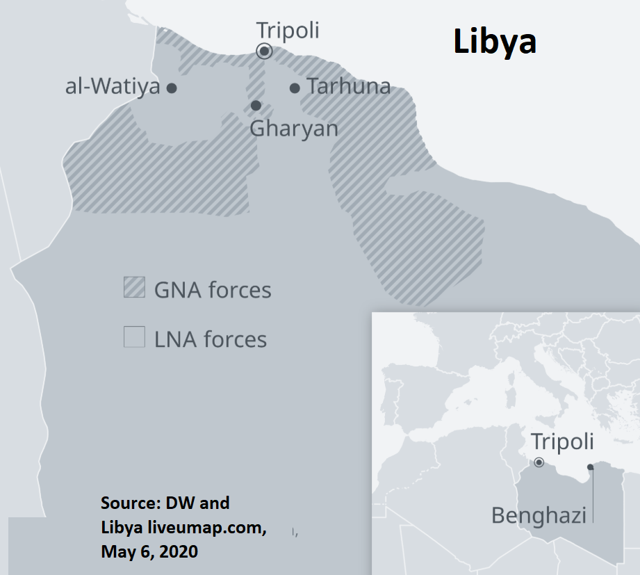 map of Libya showing May 2020 positions of GNA and LNA forces in the north