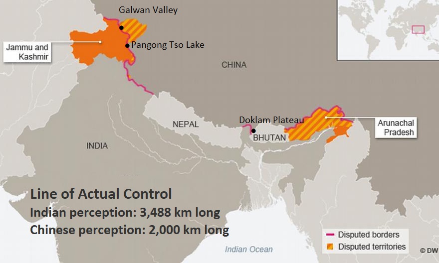 Map shows India-China border, line of actual control, territories under dispute: Line of Actual Control Indian perception: 3,488 km long Chinese perception: 2,000 km long; Western sector: Indian claims 38,000 square kilometers in Aksai Chin, under Chinese control. 5,180 square kilometers in Kashmir, ceded to China by Pakistan  Eastern sector: Chinese claims 90,000 square kilometers, of Arunachal Pradesh/Southern Tibet 