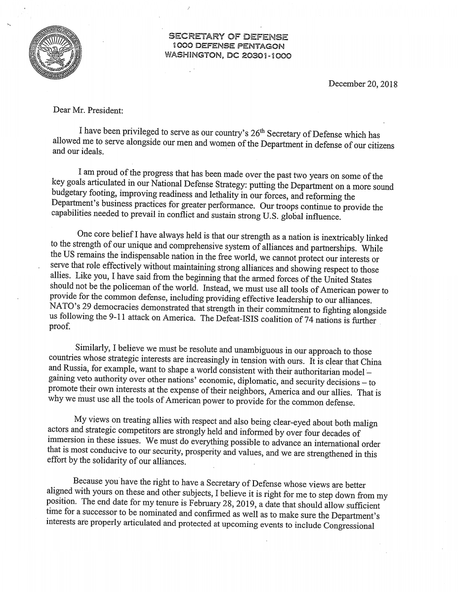 resignation letter of James Mattis