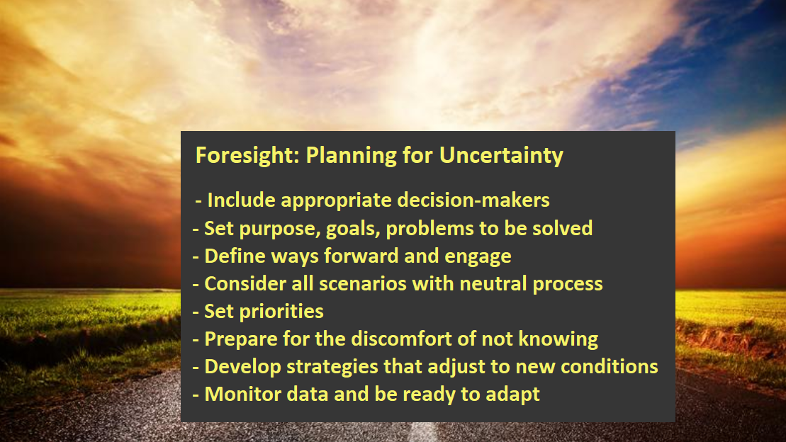Foresight: Planning for Uncertainty     - Include appropriate decision-makers     - Set purpose, goals, problems to be solved     - Define ways forward and engage     - Consider all scenarios with neutral process     - Set priorities      - Prepare for the discomfort of not knowing     - Develop strategies that adjust to new conditions     - Monitor data and be ready to adapt