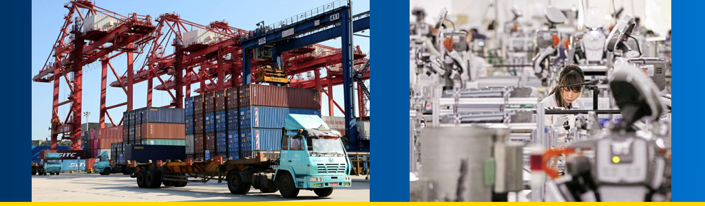 ship being loaded with containers at Chinese port and woman scientist working in Chinese startup 