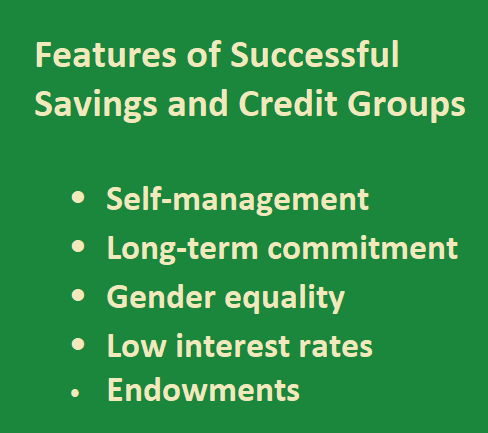  Features of Successful  Savings and Credit Groups   -	Self-management -	Long-term commitment -	Gender equality  -	Low interest rates -	Endowments