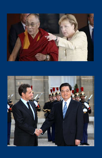Dalai Lama with Angela Merkel; Nicolas Sarkozy with Hu Jintao