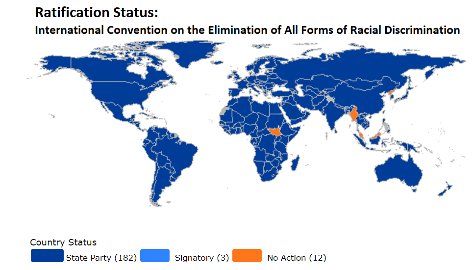Map showing ratification status of International Convention on the Elimination of All Forms of Racial Discrimination: 182 state parties, 3 signatories and 12 countries showing no action 