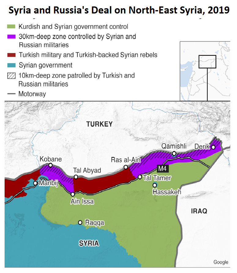 map of nothern Syria showing areas controlled by Russia and Turkey