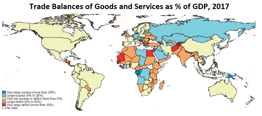 Trade Balances of Goods an Services as % of GDP, 2017 - shows China, US and much of Europe as neutral; 