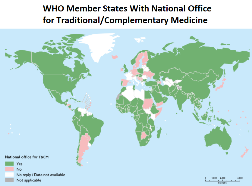 map of world showing countries with national offices on traditional medicine, as listed in WHO global report