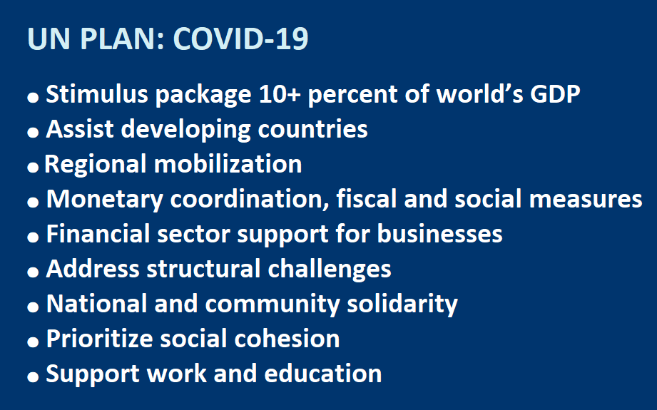 UN PLAN: COVID-19  ● Stimulus package 10+ percent of world’s GDP ● Assist developing countries ● Regional mobilization ● Monetary coordination, fiscal and social measures ● Financial sector support for businesses ● Address structural challenges ● National and community solidarity ● Prioritize social cohesion ● Support work and education