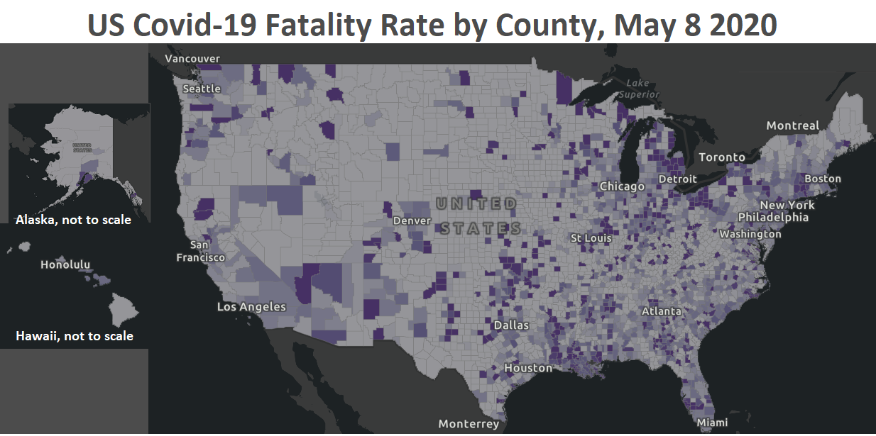 Map showing US Covid-19 fatality rate by County Johns Hopkins