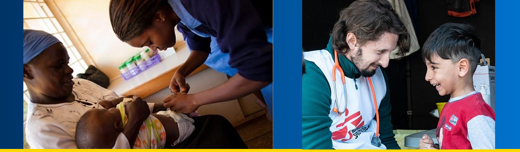 left, mother in Kenya holds child as vaccinated; right, refugee boy in Greece vaccinated