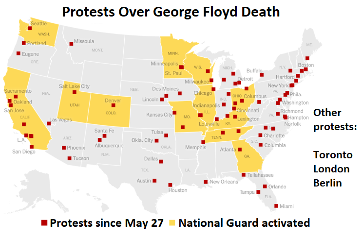 Map showing numerous protests in US and 12 states with National Guard activation including California, Ohio, Georgia