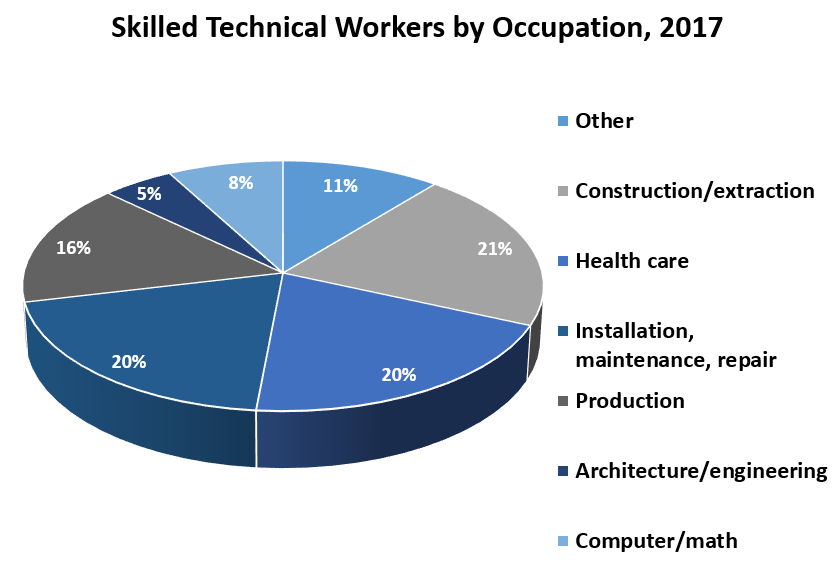 Skilled Technical Workers by Occupation, 2017	 Other	11% Construction/extraction	21% Health care	20% Installation, maintenance, repair	20% Production	16% Architecture/engineering	5% Computer/math	8%