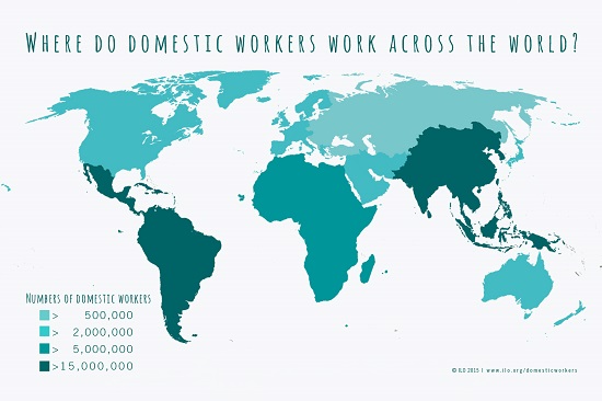 ILO map showing the highest rates of domestic workers in Latin America, South America and South Asia