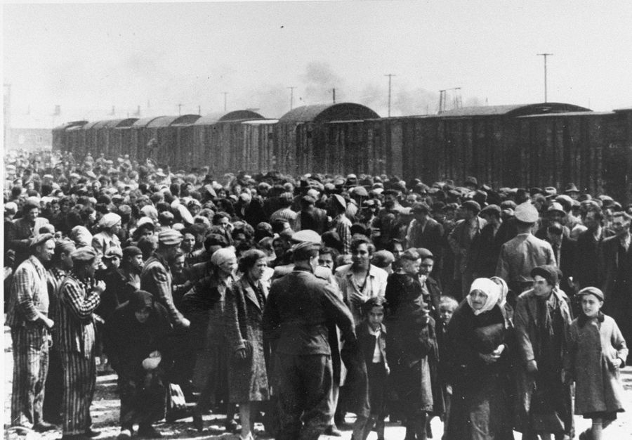 people arrive at Auschwitz camp in May 1944