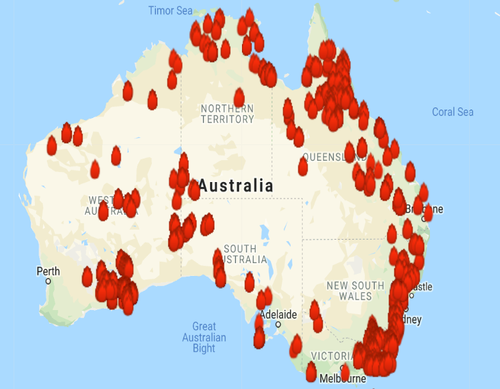 map shows fires along Australia's coast