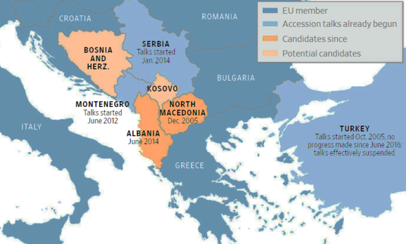 Map of EU candidates for membership eastern Europe and status 