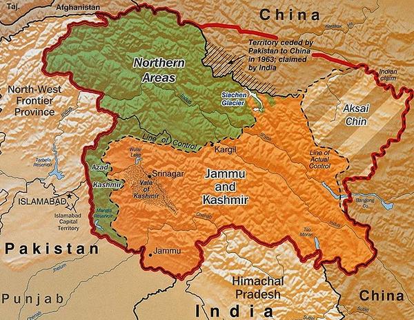 map of Kashmir showing Line of Control and Line of Actual Control